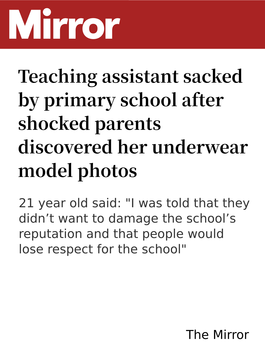 Teaching assistant sacked by primary school after shocked parents discovered her underwear model photos